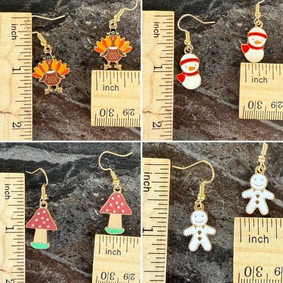 Fall and Winter Earring Set of 4 Dangle Turkey Mushroom Snowman and Gingerbread - Picture 7 of 9